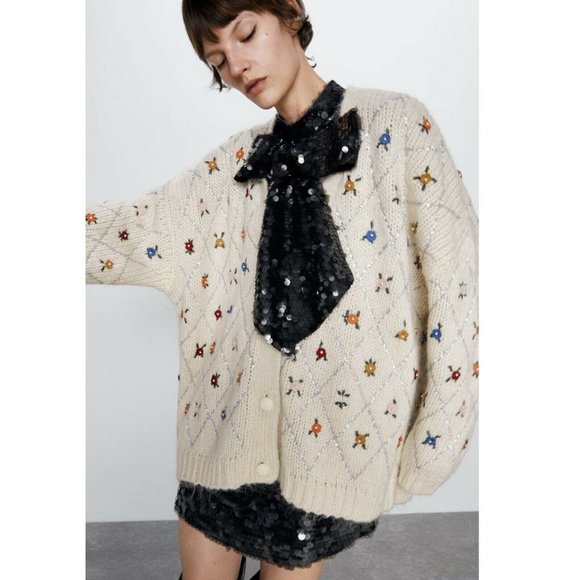 Zara Sweaters - Zara Womens Ivory Limited Edition Embroidered Oversized Cardigan Sweater Size S